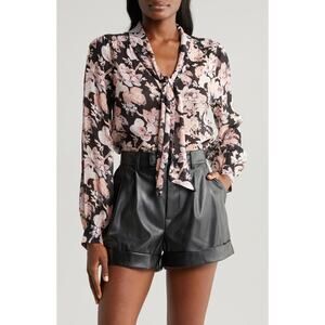 $299 Paige Silk Tie-Neck Long-Sleeve Floral Top Black/Pink XS